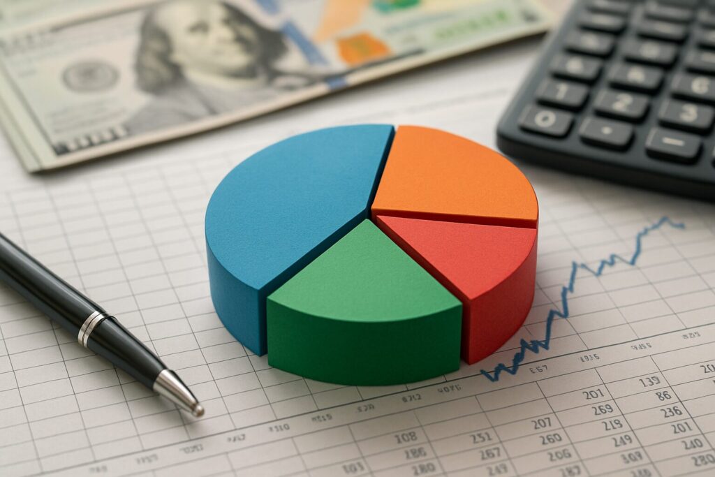 Colorful pie chart on a financial document with a calculator and money in the background