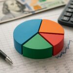 Colorful pie chart on a financial document with a calculator and money in the background