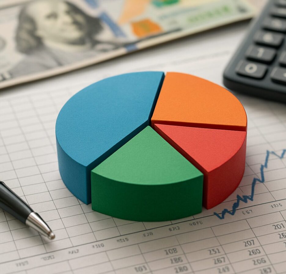 Colorful pie chart on a financial document with a calculator and money in the background
