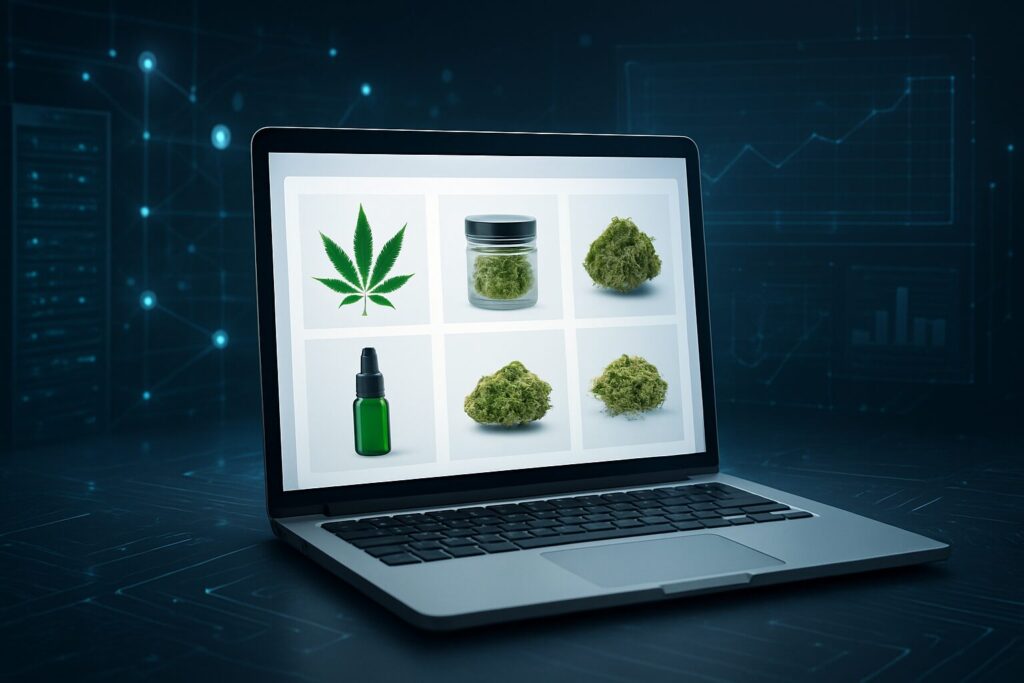 A laptop displaying various cannabis products in a grid format on the screen.