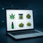 A laptop displaying various cannabis products in a grid format on the screen.