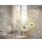 A cozy living room with a couch and a coffee table, graphics of bacteria floating in the air.