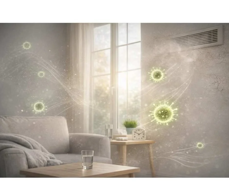 A cozy living room with a couch and a coffee table, graphics of bacteria floating in the air.
