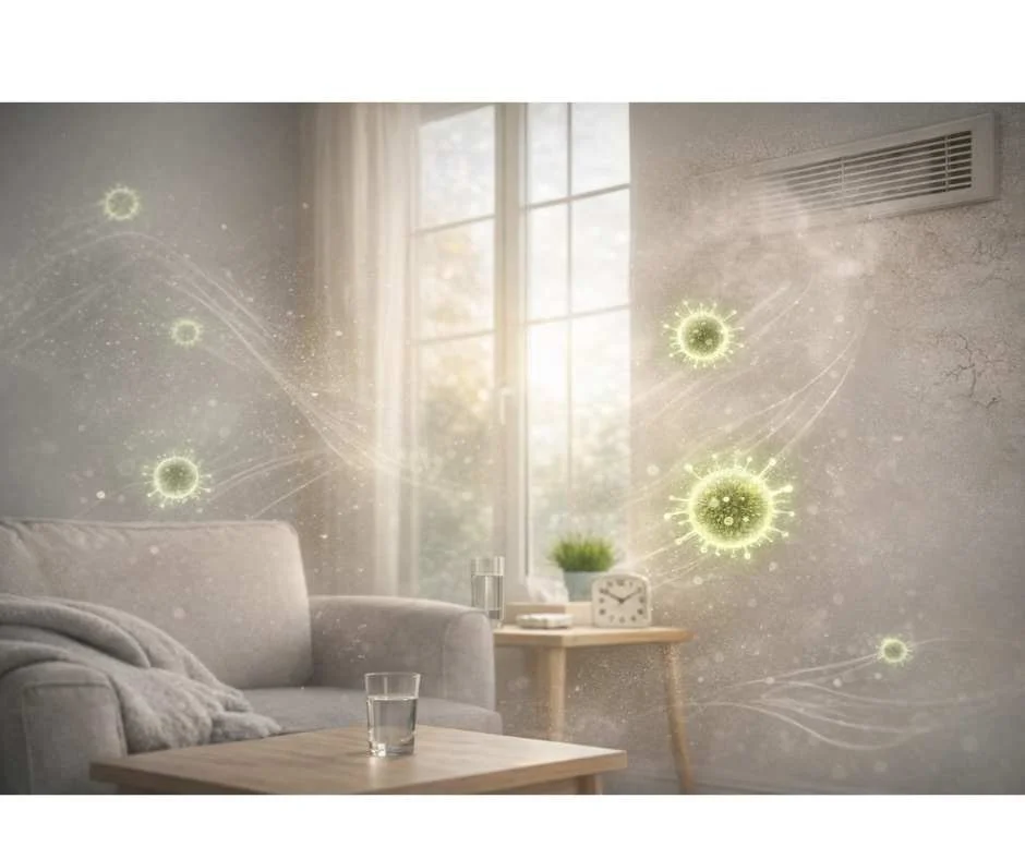 A cozy living room with a couch and a coffee table, graphics of bacteria floating in the air.